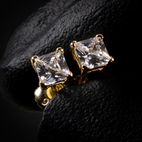 Mini Gold Square Princess Cut Stud Earrings - Picture 5 of 5